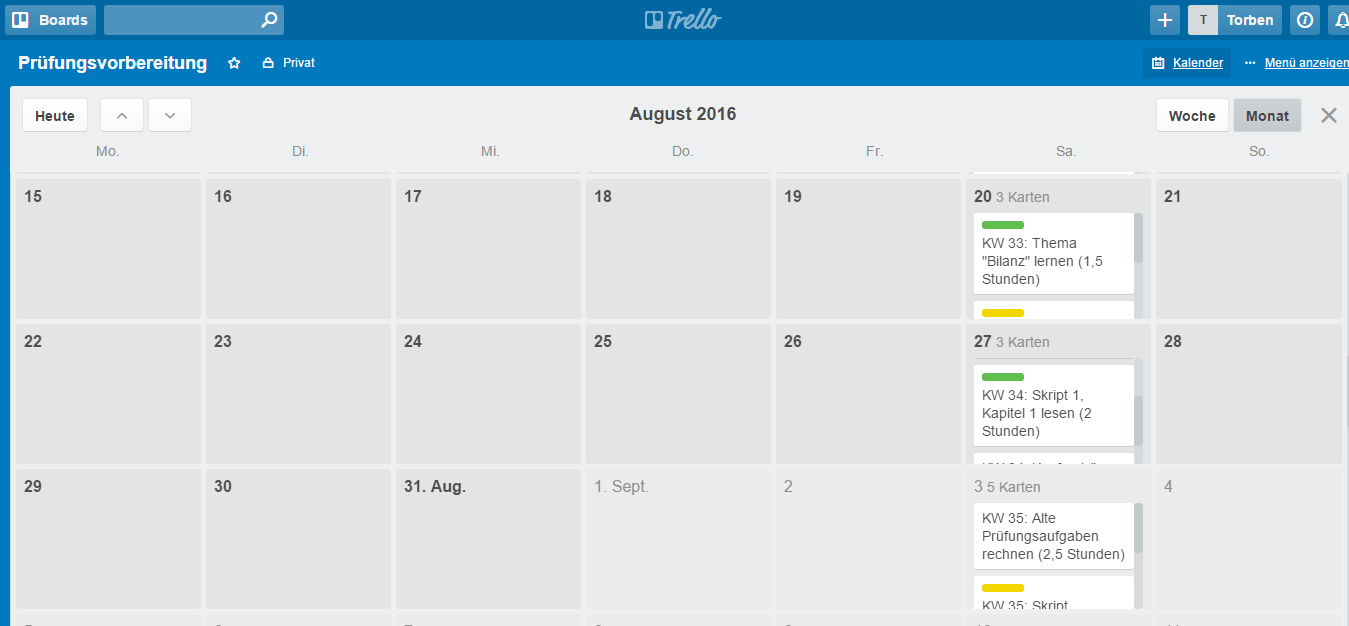 So sieht die Kalenderansicht von Trello aus. Den einzelnen Tagen sind alle Karten mit Fälligkeitsdatum zugeordnet. Bei uns wären das allerdings nur die Samstage (Screenshot: trello.com).