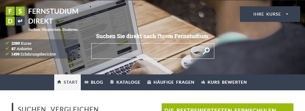 Das Bewertungsportal "Fernstudium Direkt" hilft dir dabei, den richtigen Anbieter zu finden. (Screenshot: www.fernstudium-direkt.de)