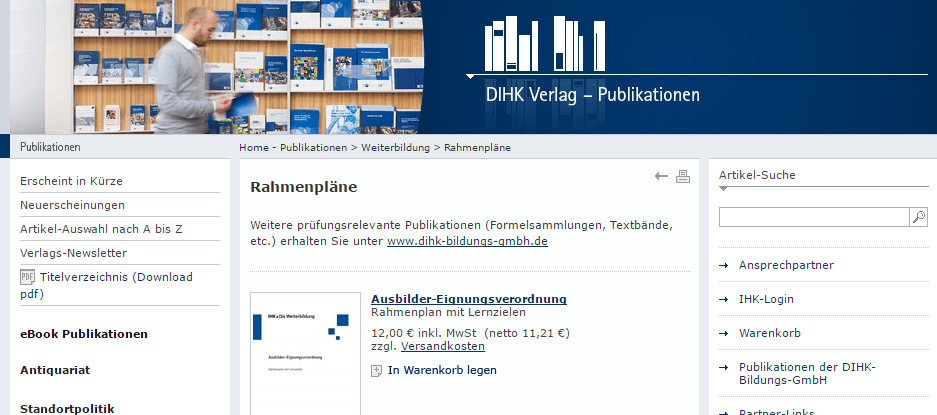 Im Webshop des DIHK Verlags kannst du dir die Rahmenpläne zu allen IHK-Weiterbildungen kaufen. (Screenshot: www.dihk-verlag.de)